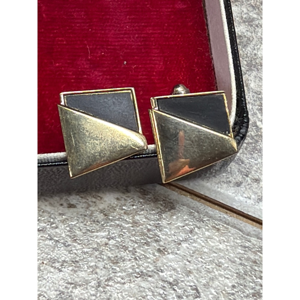Anson Vintage Mens Cufflinks Gold Tone Black Geometric Mid Century Modern MCM